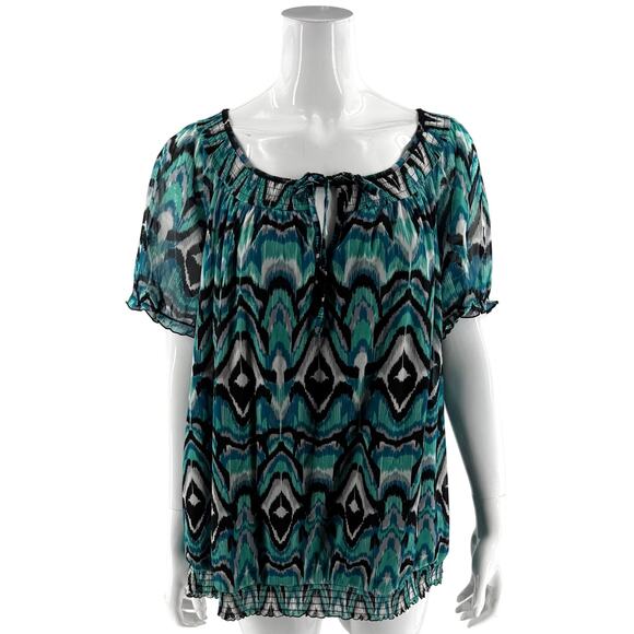 INC International Concepts Peasant Top Plus Size 2X Blue Black Ikat Mesh Overlay - Picture 1 of 5